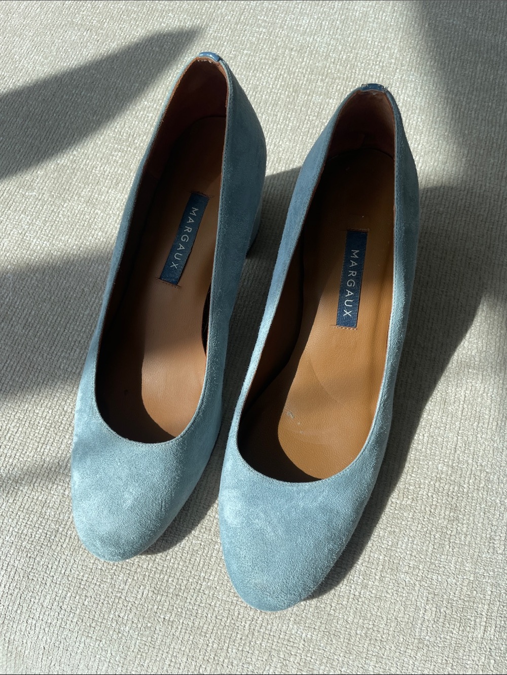 Margaux Suede Round-Toe Pumps in Dusty Blue